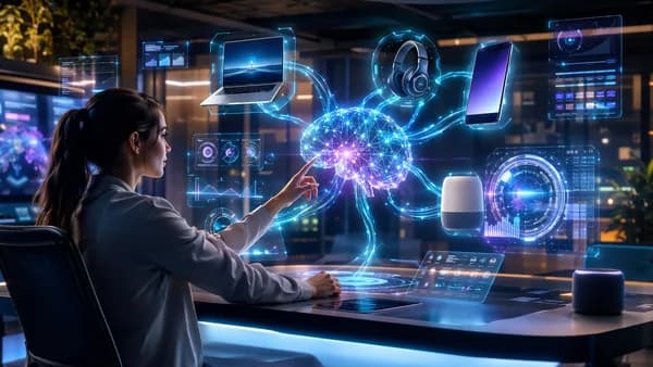 AI product finder dashboard linking expert-tested tech devices in a sleek futuristic workspace