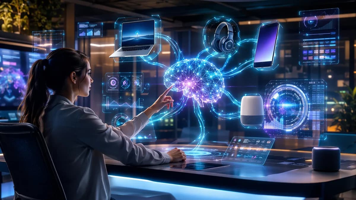 AI product finder dashboard linking expert-tested tech devices in a sleek futuristic workspace