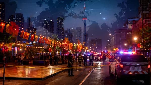 Toronto street festival scene at night with police lights, cordon, and subtle global map overlay