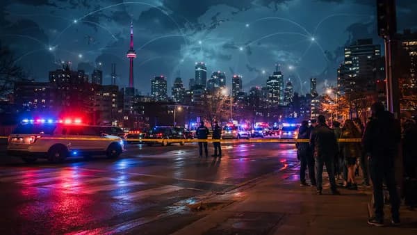 Police lights illuminate a cordoned Toronto street after a shooting, with a subtle global news map overlay.