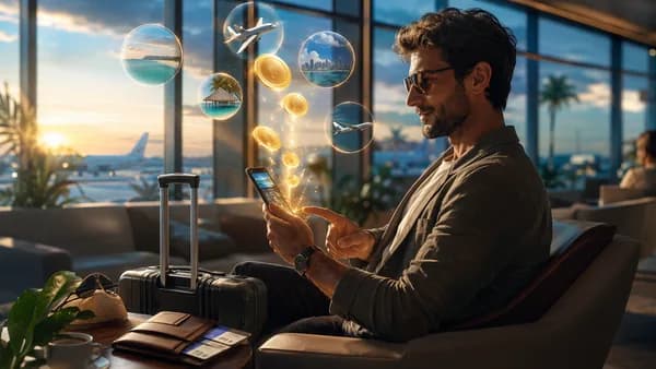 Traveler using a finance app as glowing rewards tokens influence summer travel booking choices.