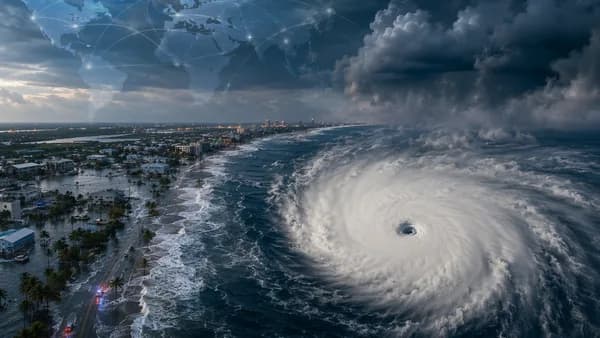 Tropical storm over the Gulf Coast with surge, flooding, and global map connections