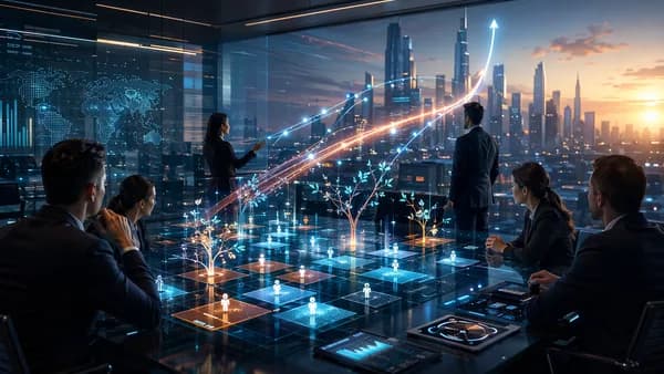 Banking executives prune a digital loan portfolio in a modern fintech strategy room.