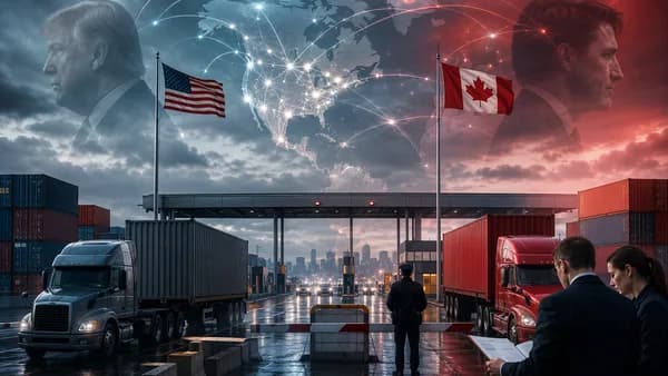 US-Canada trade tension shown with halted cargo trucks, world map overlay, and geopolitical atmosphere.