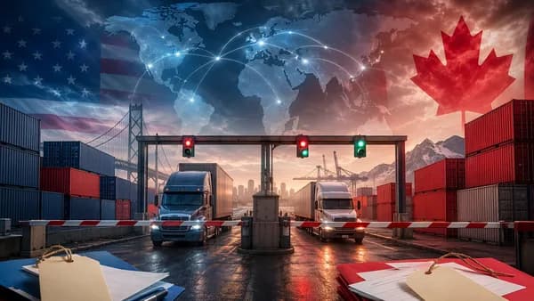 US-Canada tariff dispute shown through halted trade, border barriers, and global map connections.