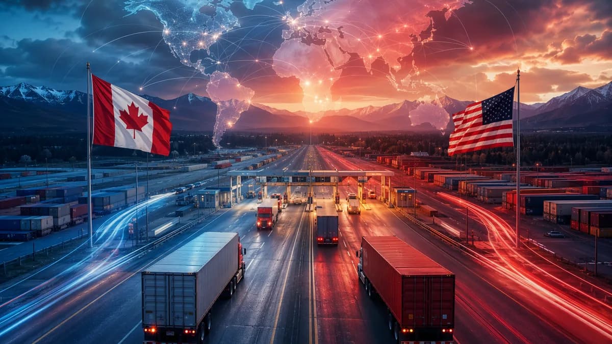 Symbolic Canada–U.S. trade tension with cargo, border lights, and global map connections.