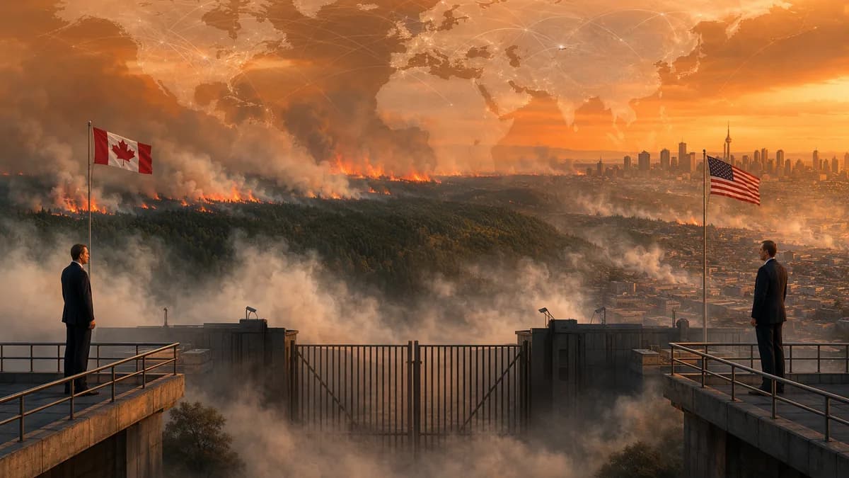 Wildfire smoke drifting from Canada into the US with tense border dispute symbolism.