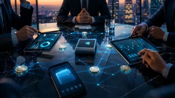 Anonymous fintech deal scene with payment devices, crypto tokens, and blockchain visuals in a modern boardroom.