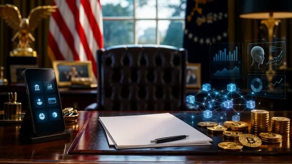 Symbolic presidential desk with crypto coins, blank filings, and digital banking visuals suggesting conflict of interest.
