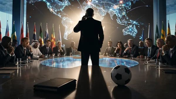 Global football governance crisis with leader silhouette, world map, delegates, and rising international backlash.
