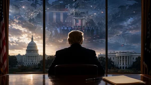 Presidential silhouette rejects an unsigned bill as Capitol and global network map glow in the background.