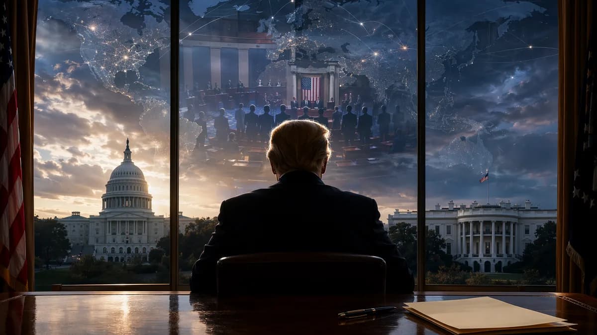 Presidential silhouette rejects an unsigned bill as Capitol and global network map glow in the background.