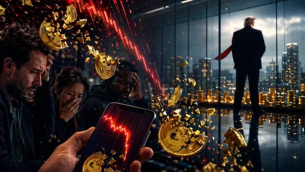 Investors watch a collapsing memecoin market as profits flow toward a political figure silhouette.