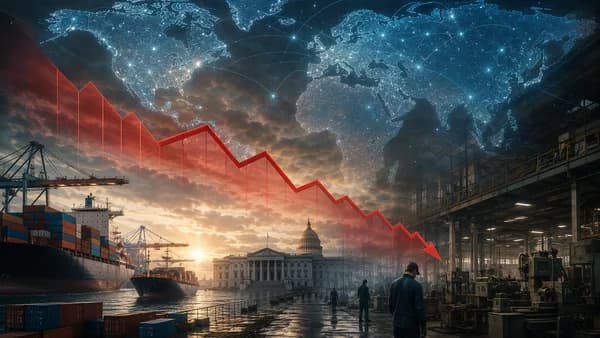 Global trade and factory scene with tariff barriers, shipping containers, and a connected world map.