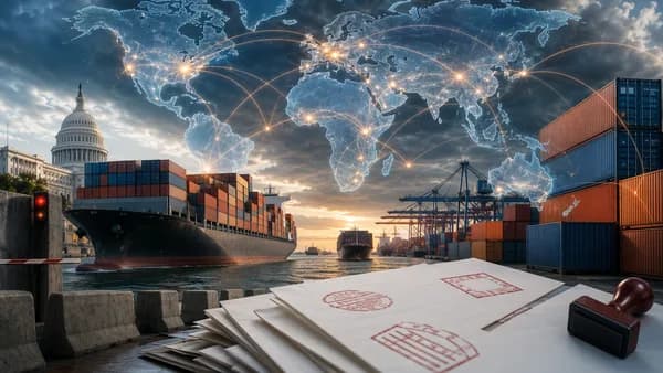 Global trade tariffs visual with world map, shipping containers, Capitol silhouette, and connection lines.