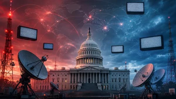 Broadcast towers, government building, and world map symbolize media license threats and press freedom.