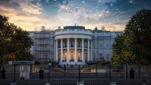 White House-style portico under renovation with security barriers and global map connections