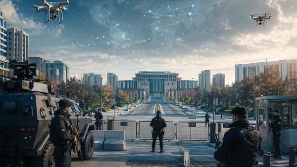Ankara under tight summit security with empty streets, checkpoints, drones, and a global map overlay.