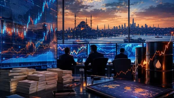 Istanbul trading desk with market charts and oil risk imagery symbolizing fragile Turkish lira carry trade