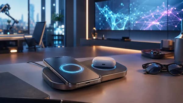 Compact wireless charging tray powering a phone and earbuds on a sleek futuristic desk