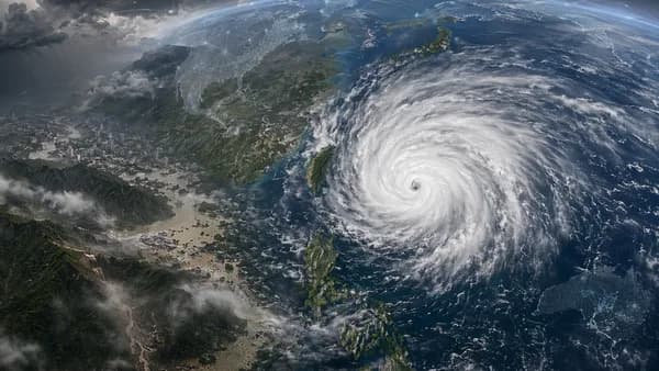 Typhoon over East Asia with storm clouds, flooded coasts, and global map connections