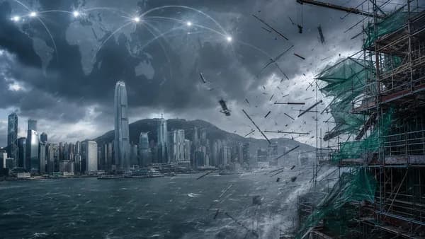 Typhoon winds rip scaffolding from a Hong Kong high-rise amid rain and a global map overlay.