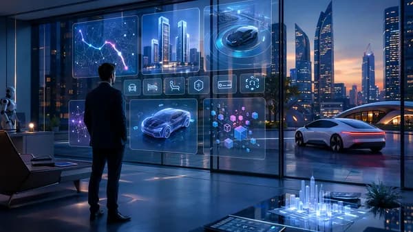 Futuristic mobility hub with robotaxi, hotel and AI service panels, illustrating Uber’s expanding strategy.