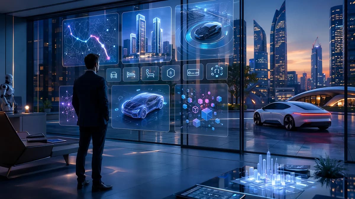 Futuristic mobility hub with robotaxi, hotel and AI service panels, illustrating Uber’s expanding strategy.
