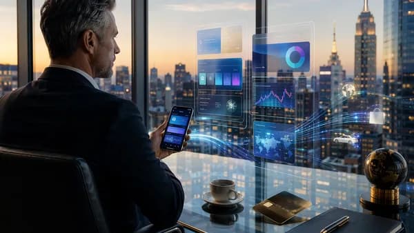 Luxury digital banking scene with smartphone, premium card, city skyline, and secure finance data streams.