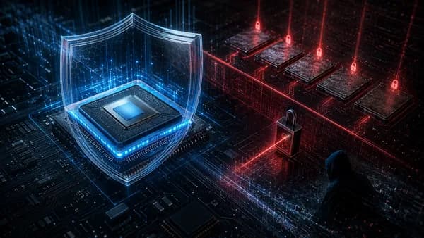 UEFI firmware chip protected by a shield as old boot modules are revoked in a dark cybersecurity scene.