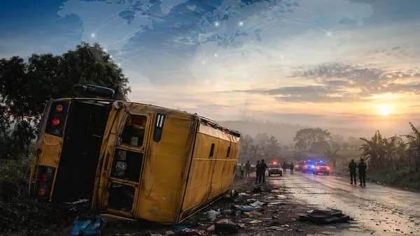 Non-graphic scene of an overturned school bus in rural Uganda with emergency responders nearby.