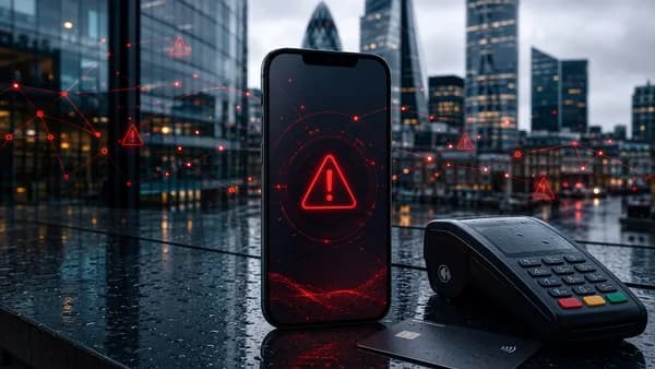 Generic UK digital banking app and payment terminal showing transfer disruption with London finance backdrop