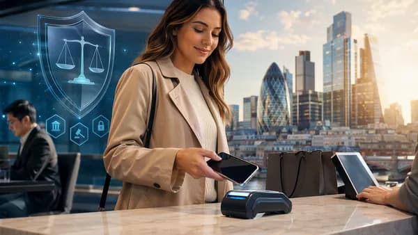 UK buy-now-pay-later checkout under regulatory oversight with phone, shield, and London finance backdrop