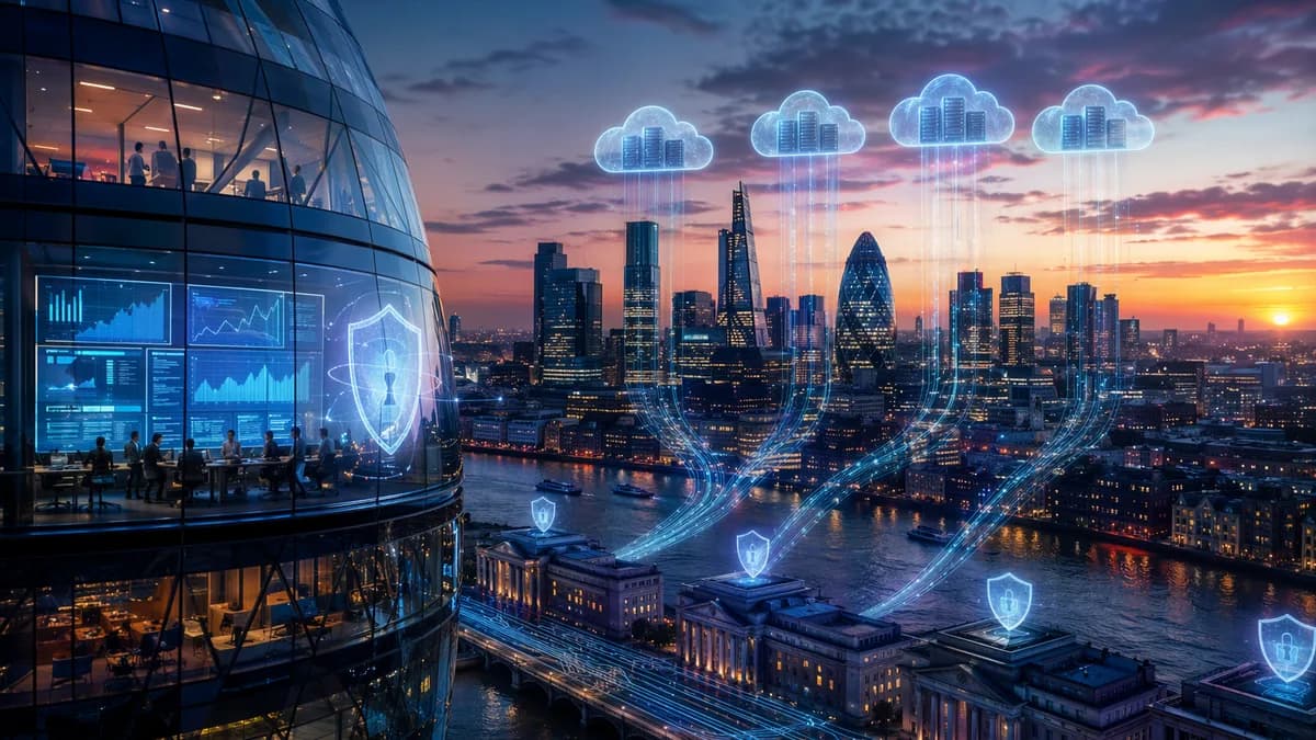 UK regulators oversee cloud data centers linked to banks, symbolizing systemic financial risk.