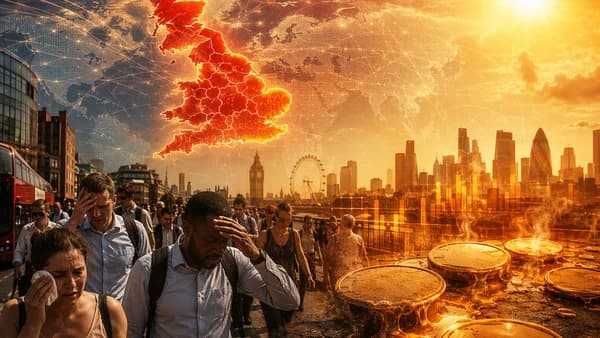Heat wave over the U.K. with world map connections and economic strain in a cinematic editorial scene