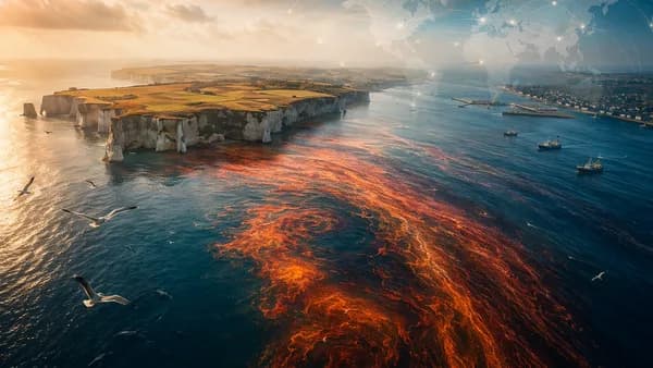UK coastline with heated ocean currents, marine wildlife stress, and global map connections.