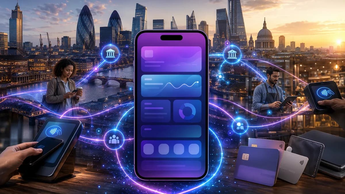 Open banking payment network flowing across London with digital banking and fintech elements