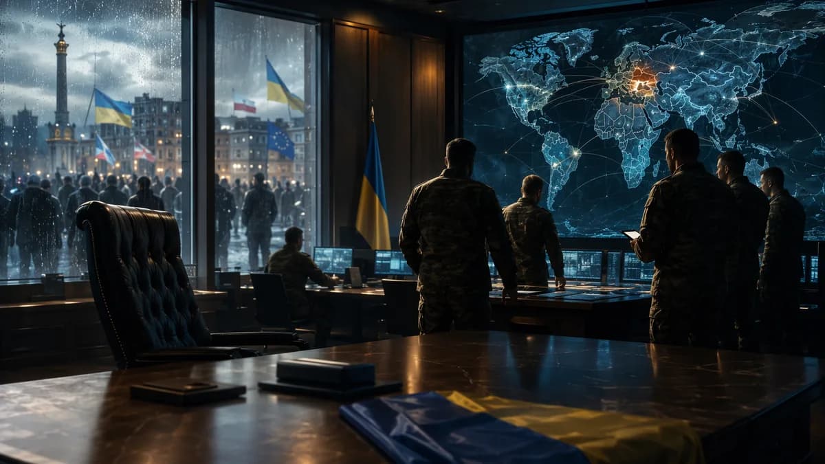 Ukraine military leadership crisis shown through a tense command room and global map