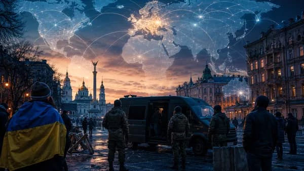 Tense Ukrainian street scene with recruiters, civilians, and a faint global map overlay.