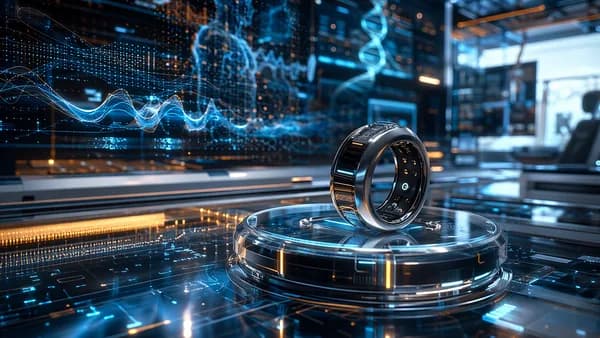 Bulky smart ring in a futuristic biohacking workspace with abstract health data visuals.