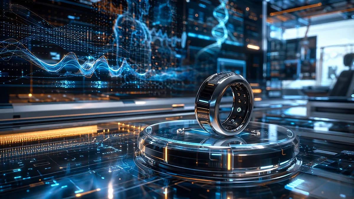 Bulky smart ring in a futuristic biohacking workspace with abstract health data visuals.