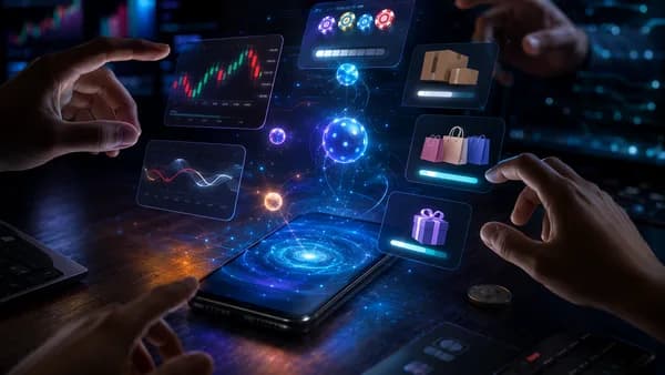 Smartphone with abstract fintech app cards and suspenseful glowing indicators in a modern digital economy scene.