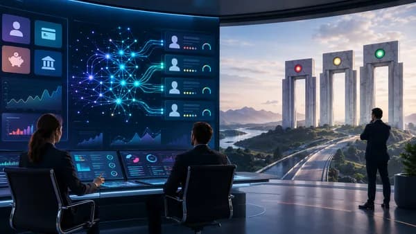 AI lending platform approaching regulatory approval gates in a modern digital banking scene