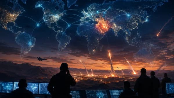 Holographic Middle East map with missile trails and military silhouettes, symbolizing rising regional tensions.