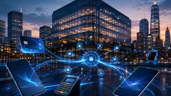 Generic bank headquarters with digital payment streams, cards, phones, and terminals in a fintech city scene.