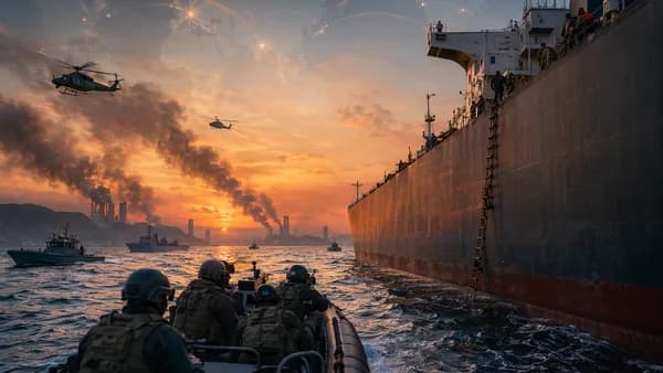 Naval forces approach an unmarked tanker near Hormuz with smoky bridges and global map connections.