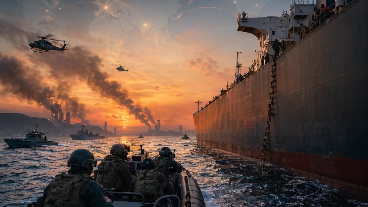 Naval forces approach an unmarked tanker near Hormuz with smoky bridges and global map connections.