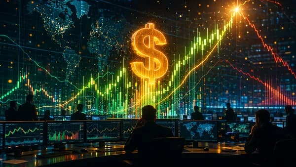 US dollar market rally shown on trading screens with crowded positioning and a potential future slide.