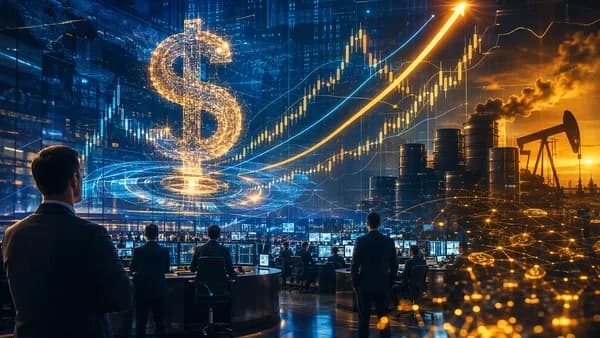 US dollar strength visualized with rising yield charts, oil pressure, and traders on a modern market floor.