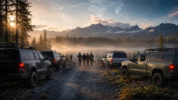 Law enforcement near a misty forest lake after the safe release of kidnapped workers.